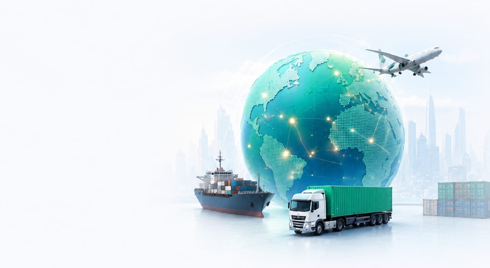 Global trade โ air freight, sea freight and land logistics connected worldwide